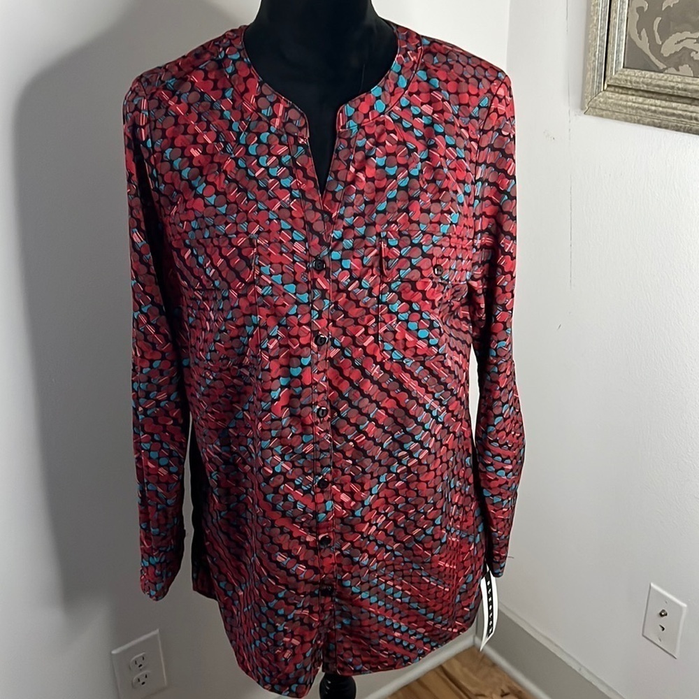 Notations buttoned‎ down shirt no collar long sleeves abstract print blouse Sz M
